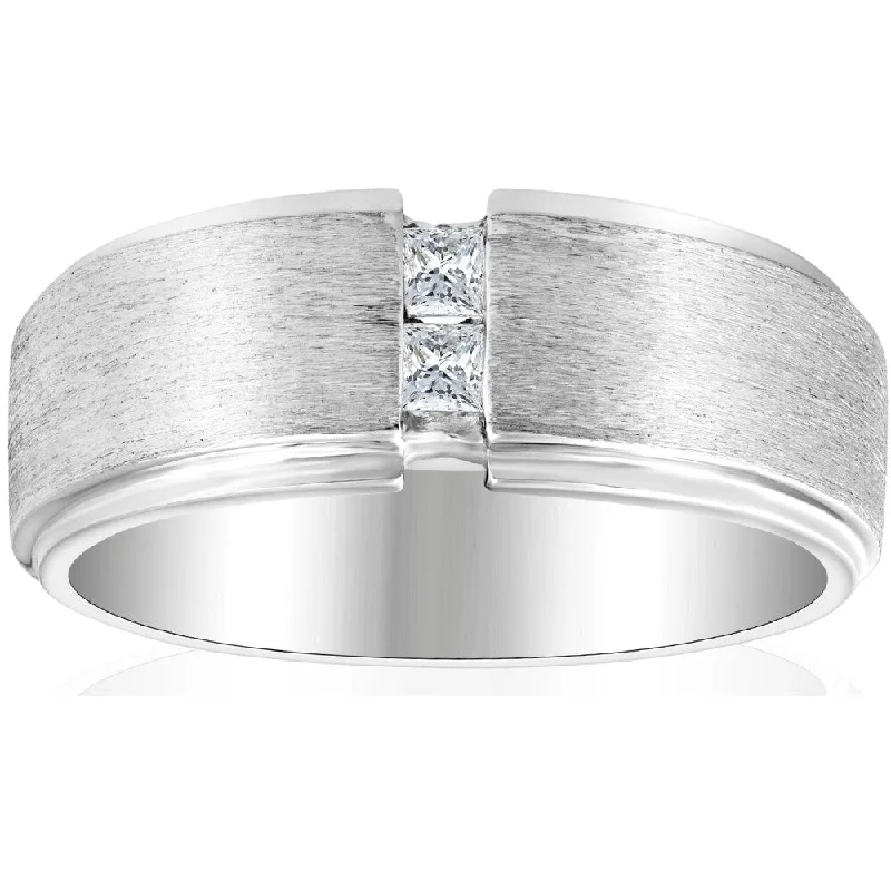 Women’s cushion cut engagement rings-Mens White Gold Brushed Princess Cut Diamond Wedding Ring