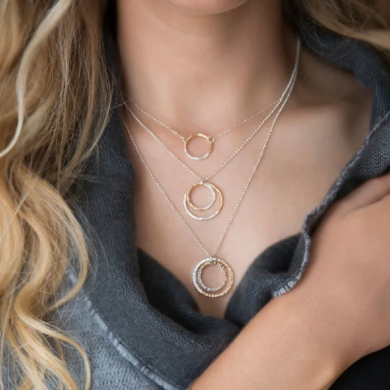 Women’s gold pendant necklaces with diamonds-Gold-Fill + Silver Fusion Double Circle Necklace - Hammered