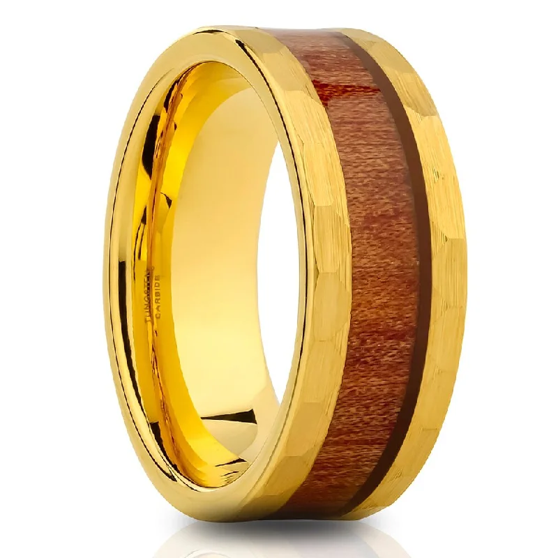 Women’s wedding and engagement sets-Koa Wood Tungsten Carbide Wedding Ring 8Mm Comfort Fit Yellow Gold Inlay Size 715 - Silver