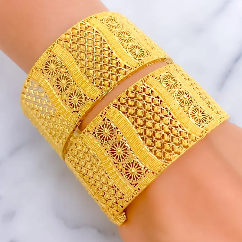 Women’s bohemian bracelets-Unique Embellished Floral 22k Gold Bangle Pair