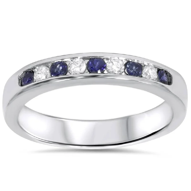 Women’s affordable engagement rings with diamonds-1/4ct Blue Sapphire Lab Grown Diamond Channel Set Wedding Ring White Gold