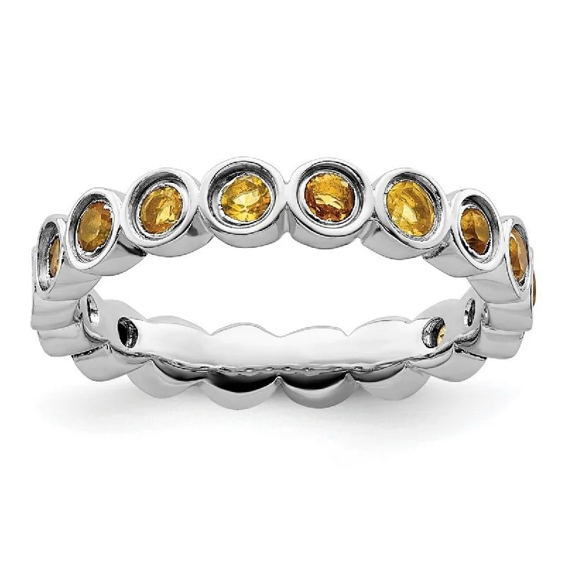 Women’s platinum rings-Curata 925 Sterling Silver Bezel Polished Patterned Stackable Expressions Citrine Ring