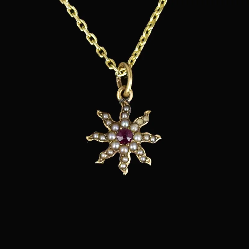 Women’s romantic necklaces-Antique 14K Gold Pearl Ruby Star Charm Pendant Necklace