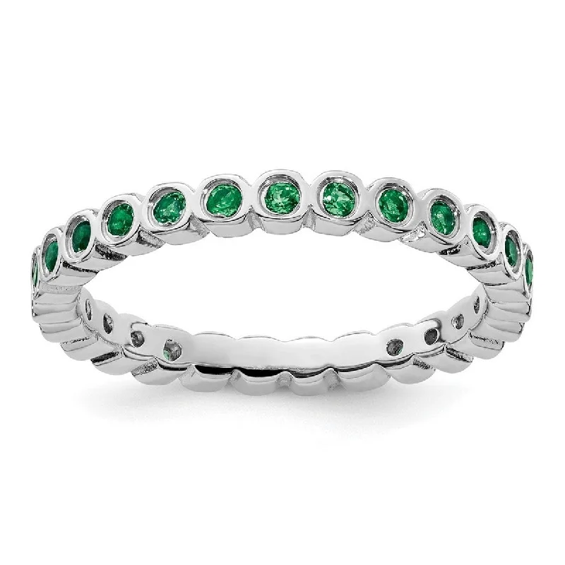 Women’s men’s rings-Curata 925 Sterling Silver Bezel Polished Patterned Stackable Expressions Created Emerald Ring