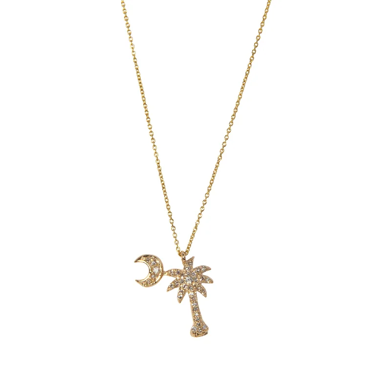 Women’s statement necklaces-Diamond Palmetto Tree & Crescent 14K Yellow Gold Pendant Necklace