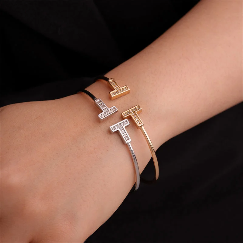 Women’s plain gold bangles-Elegant Simple Style T Shape Stainless Steel Plating Inlay Zircon Bangle