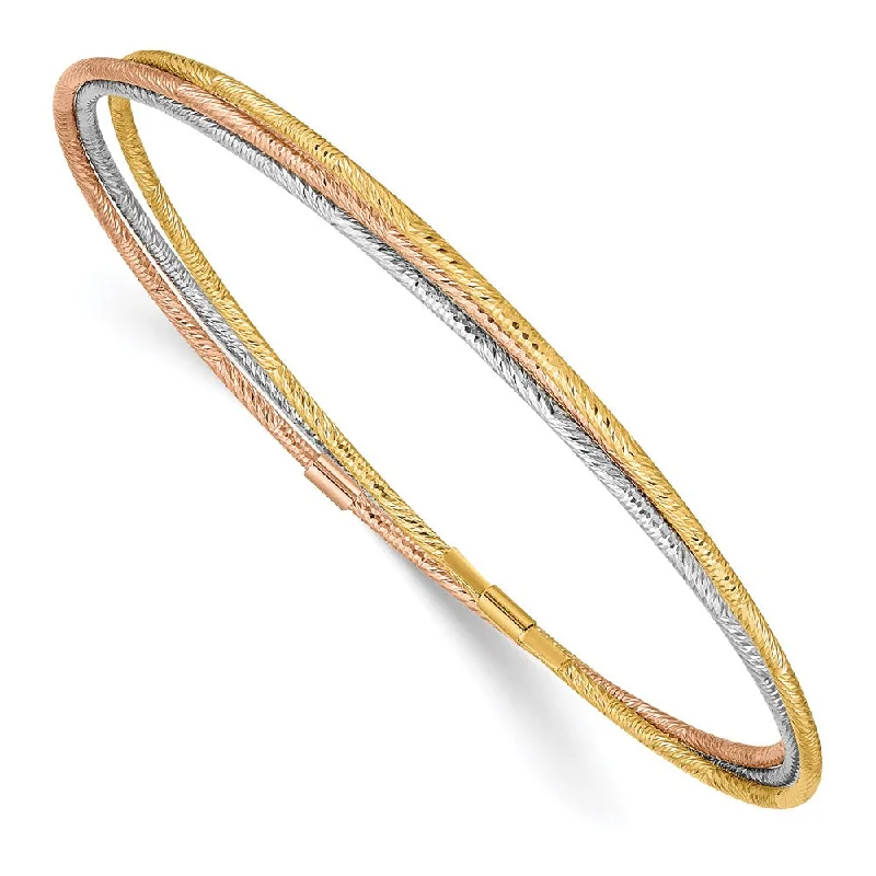 Women’s sparkle bracelets-14k Tri-color Diamond-cut 3 Intertwined Slip-on Bangles-WBC-DB576