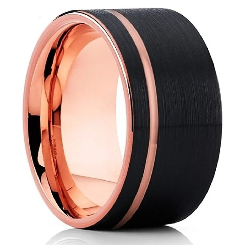 Women’s princess cut diamond engagement rings-12Mm Black Tungsten Carbide Wedding Ring Comfort Fit Rose Gold Plated Size 713