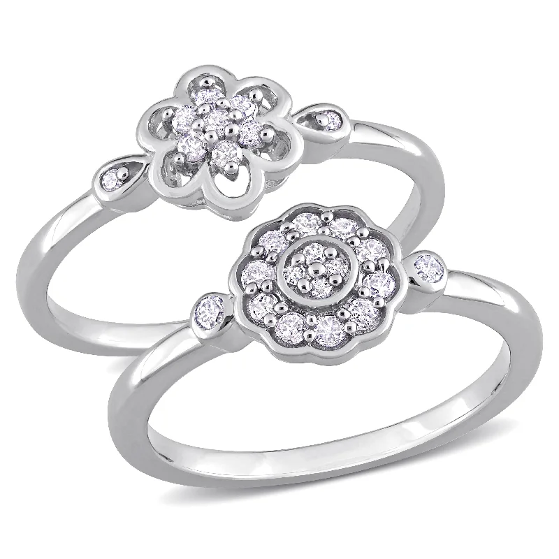 Women’s men’s rings-Miadora 1/3ct TW Diamond Flower Rings 2-Piece Set Sterling Silver