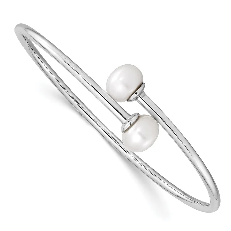 Women’s gold-plated bracelets-Sterling Silver Rhodium 9-10mm White FWC Pearl Flexible Cuff Bangle-WBC-QH5368