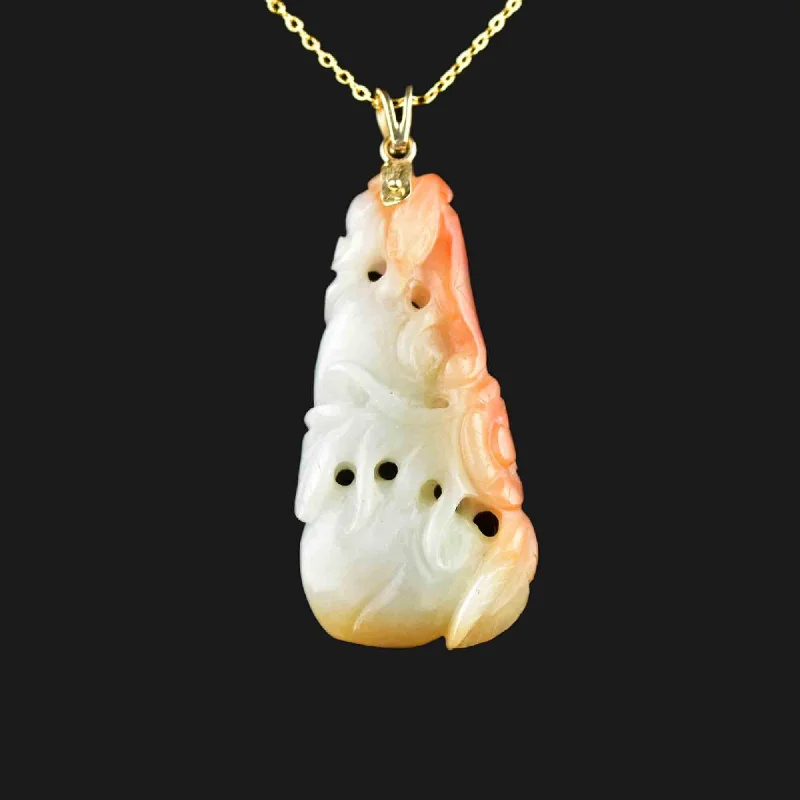 Women’s long gold necklaces-14K Gold Carved White and Red Jade Pendant Necklace