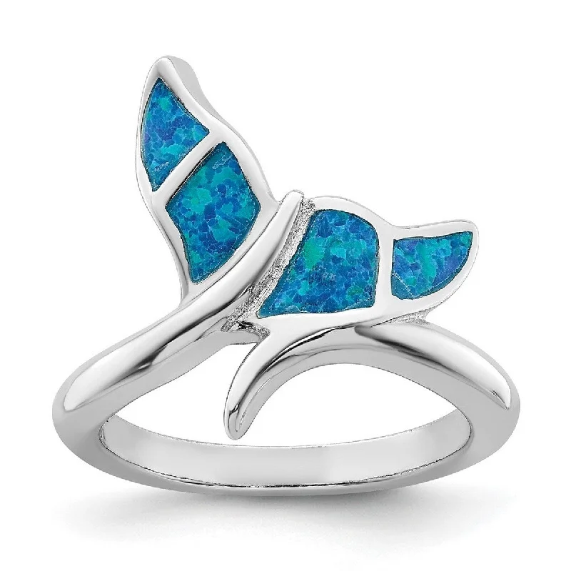 Women’s rose gold rings-Curata 925 Sterling Silver Rhodium Plated Blue Inlay Simulated Opal Whale Tail Ring