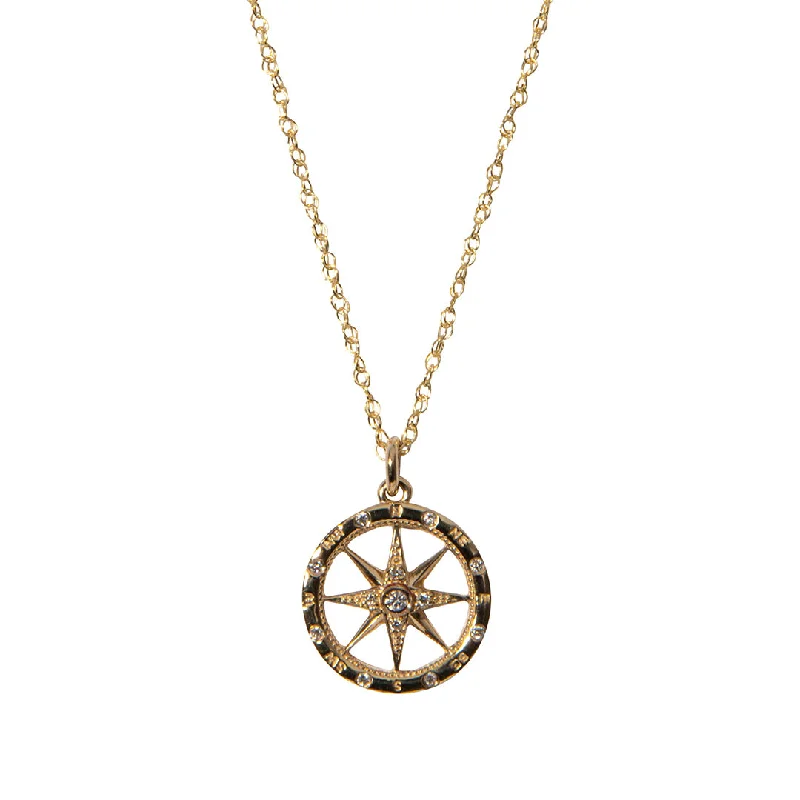 Women’s sterling silver necklaces-Diamond 14K Yellow Gold Compass Pendant Necklace