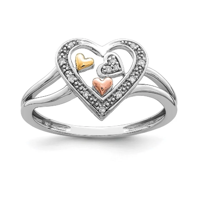 Women’s women’s wedding rings-Curata 925 Sterling Silver Polished and 14k Yellow And Rose Gold Diamond Love Heart Ring