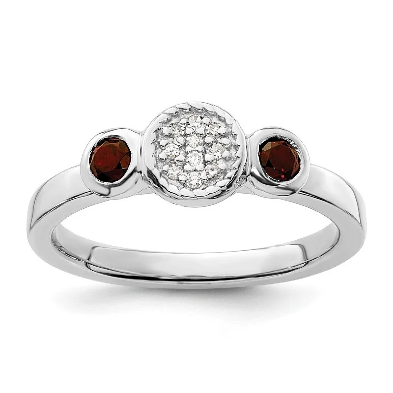 Women’s minimalist rings-Curata 925 Sterling Silver Bezel Polished Prong set Stackable Expressions Db Round Garnet and Dia. Ring