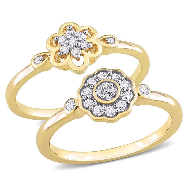 Women’s personalized rings-Miadora 1/3ct TW Diamond Flower Rings 2-Piece Set Yellow Silver