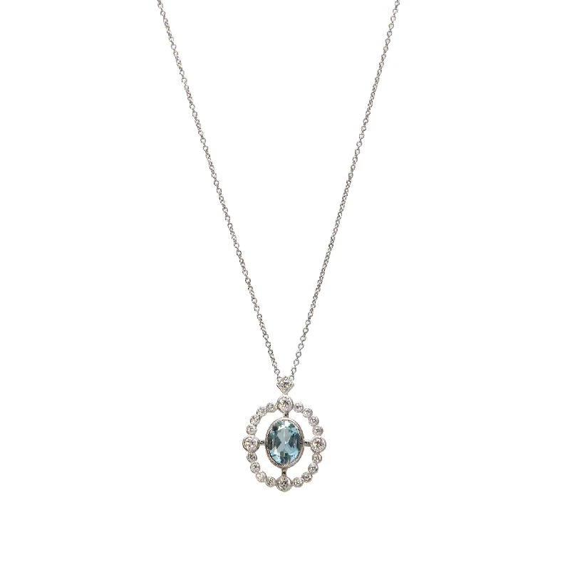 Women’s anniversary necklaces-Oval Aquamarine & Diamond 14K White Gold Pendant Necklace