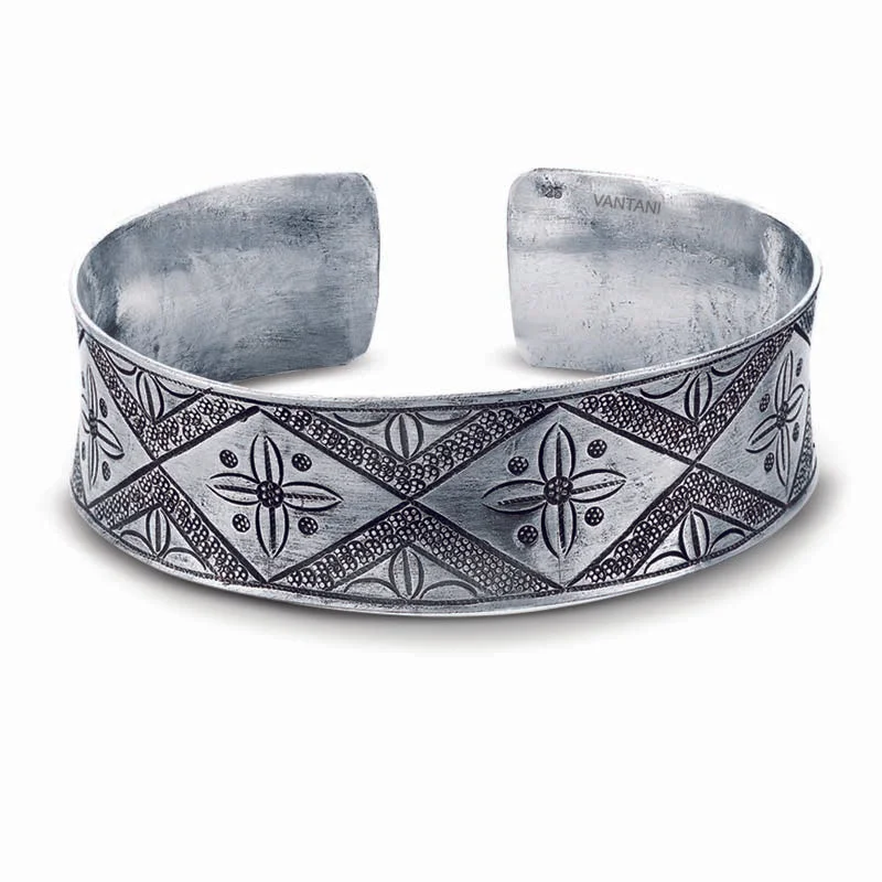 Women’s gemstone bracelets-STERLING SILVER CUFF BANGLE WITH DESIGN