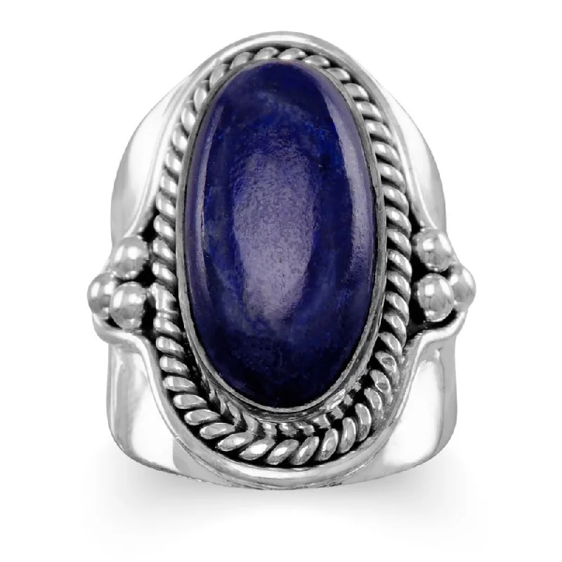 Women’s round-cut engagement rings-Sterling Silver Oxidized Bali Beaded Oval Lapis Ring - Blue