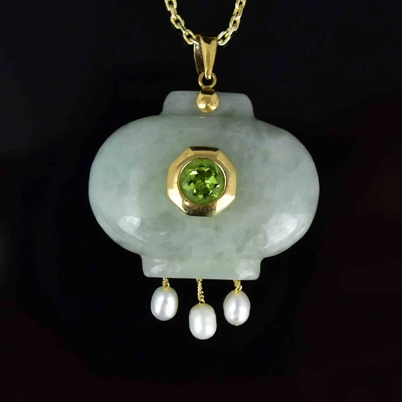 Women’s elegant necklaces-Vintage 14K Gold Peridot Pearl Moss in Snow Jade Pendant