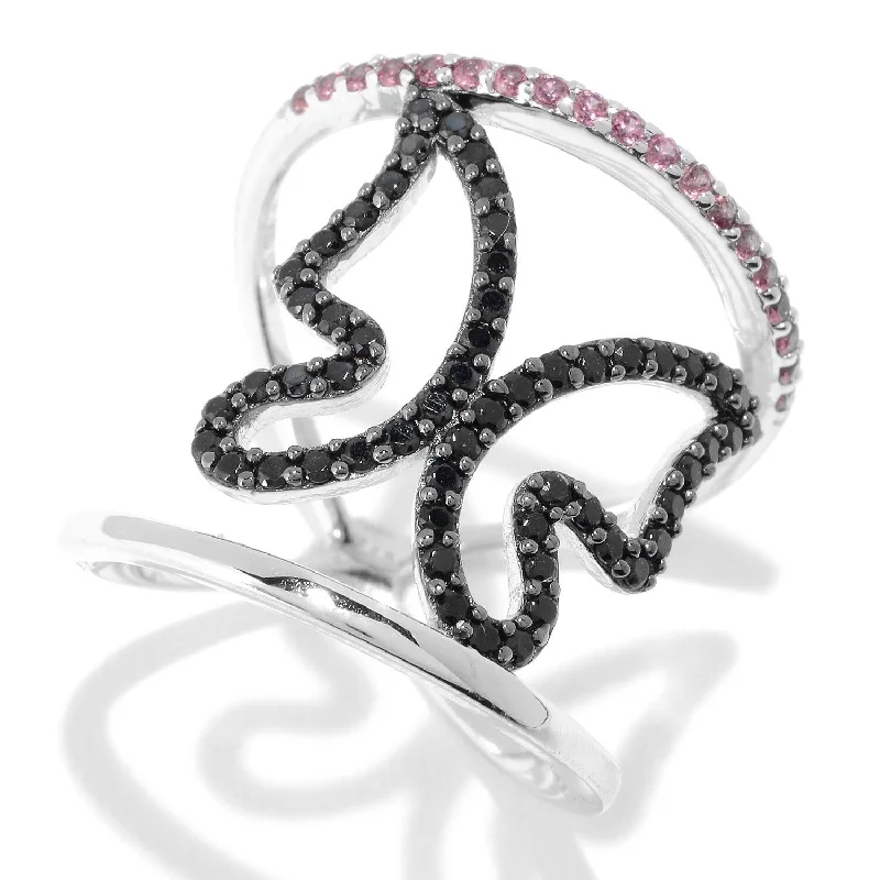 Women’s floral rings-Ster Silver 0.84ctw Rhodolite & Black Spinel Buttterfly Ring, Size 7 - Red