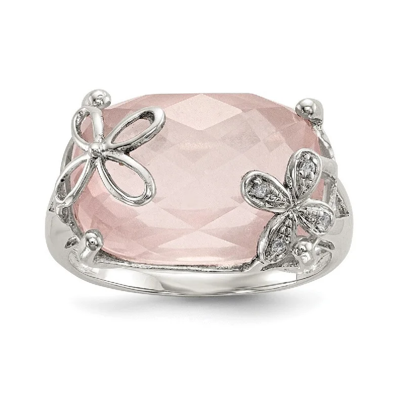 Women’s sterling silver rings-Curata 925 Sterling Silver With Rose Quartz and White Sapphire Ring