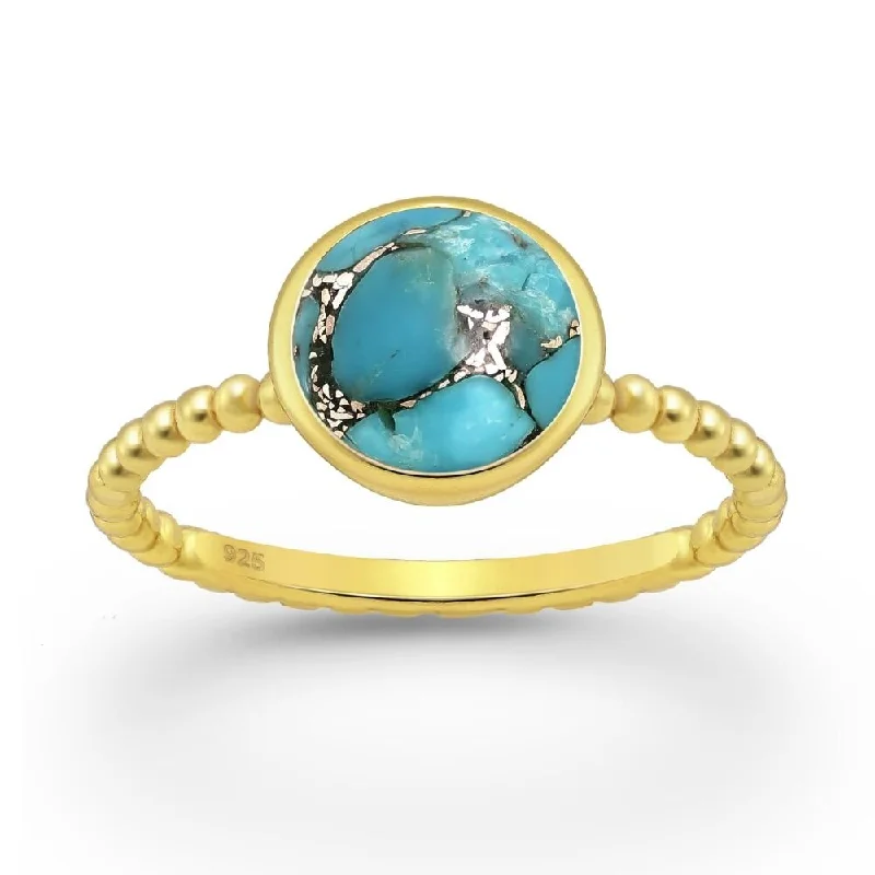 Women’s vintage diamond rings-Sterling Silver 18kt Gold Plated Beaded Band & Turquoise Circular Ring