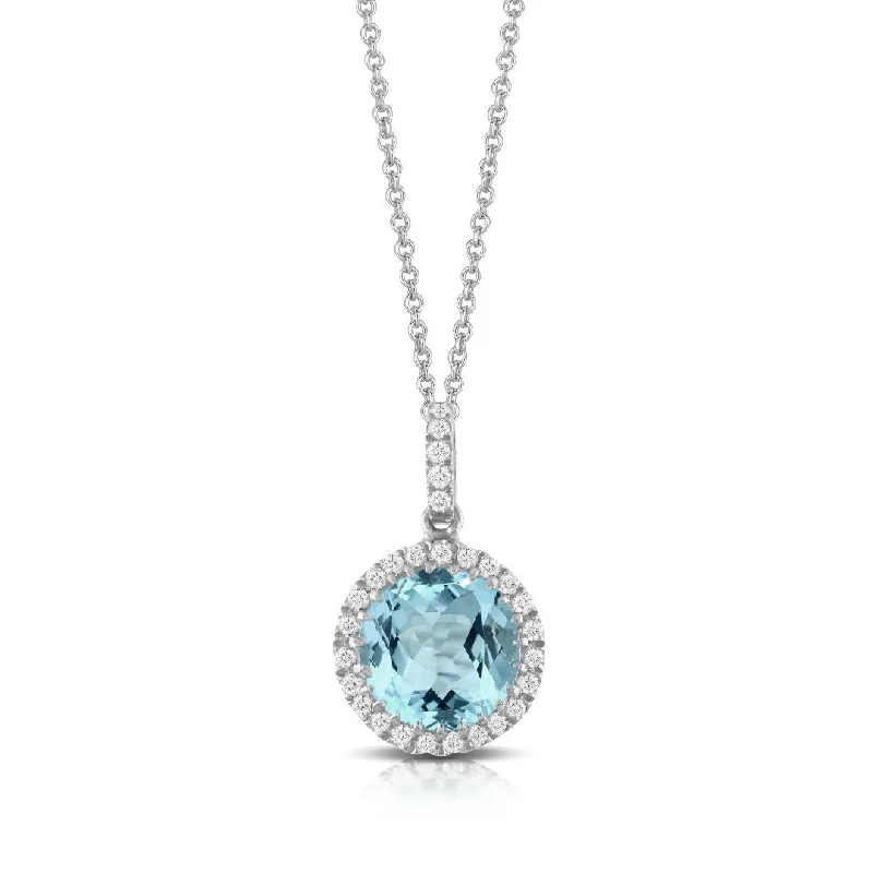 Women’s fashion statement necklaces-Blue Topaz & Diamond Halo Pendant 18K White Gold Necklace